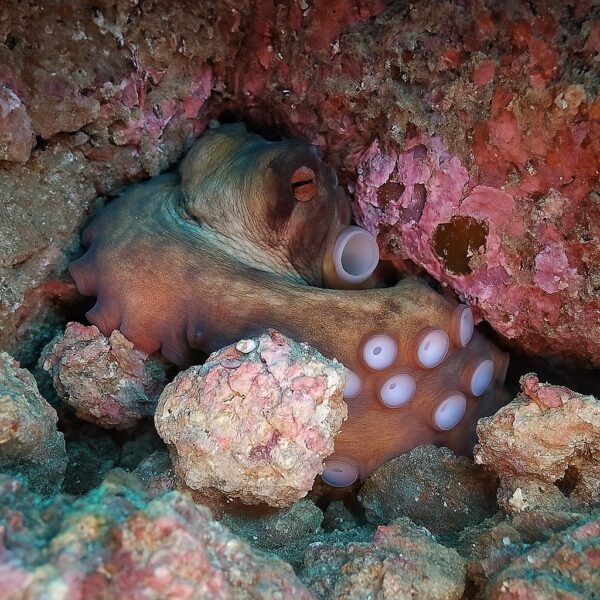Pulpo entre rocas en el Mediterráneo